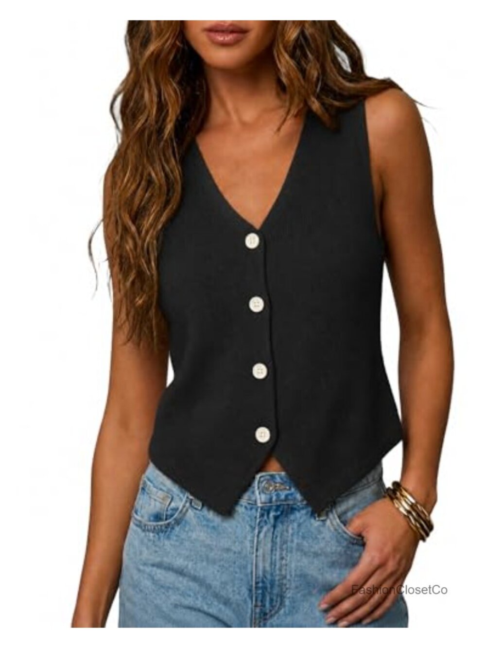 Sleeveless Sweater Vest V-Neck Asymmetrical Knit Top
